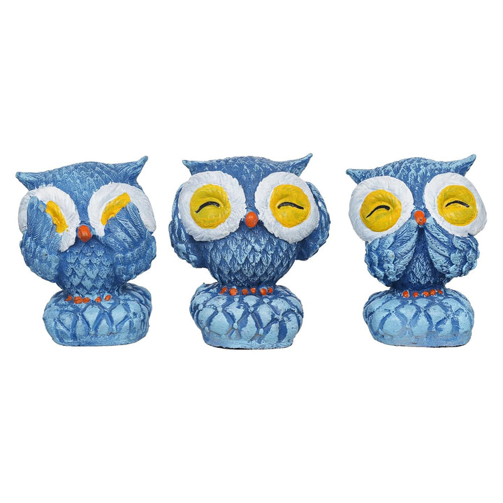 eCraftIndia Set of 3 Blue Polyresin Cute Owl Statues Bird Figurines - Decorative Showpieces for Home, Office, Study Desks - Ideal Gift for Bird Enthusiasts, Nature Lovers