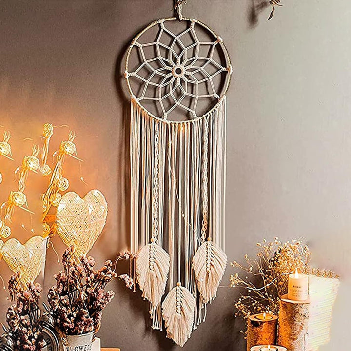 KAAHIRA Boho Wall Decor Art Macrame Dream Catcher with Leafs for Gifting - Unique & Sustainable (Off-White)