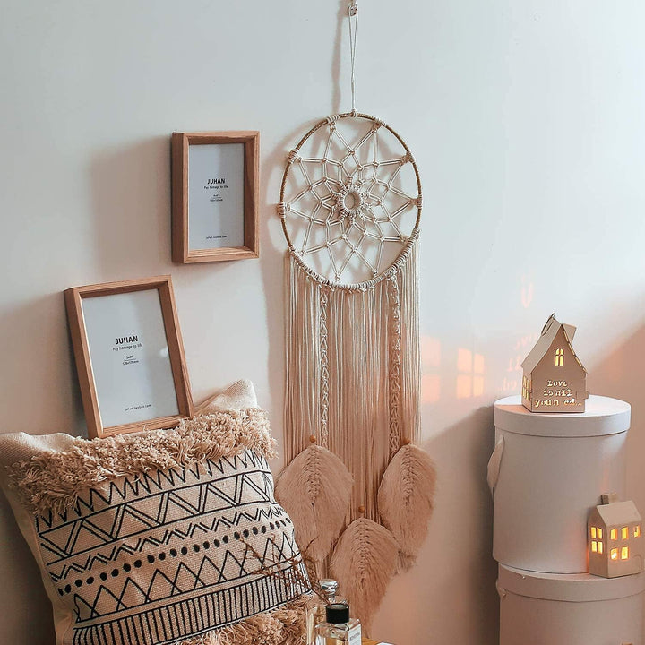 KAAHIRA Boho Wall Decor Art Macrame Dream Catcher with Leafs for Gifting - Unique & Sustainable (Off-White)