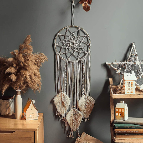 KAAHIRA Boho Wall Decor Art Macrame Dream Catcher with Leafs for Gifting - Unique & Sustainable (Off-White)