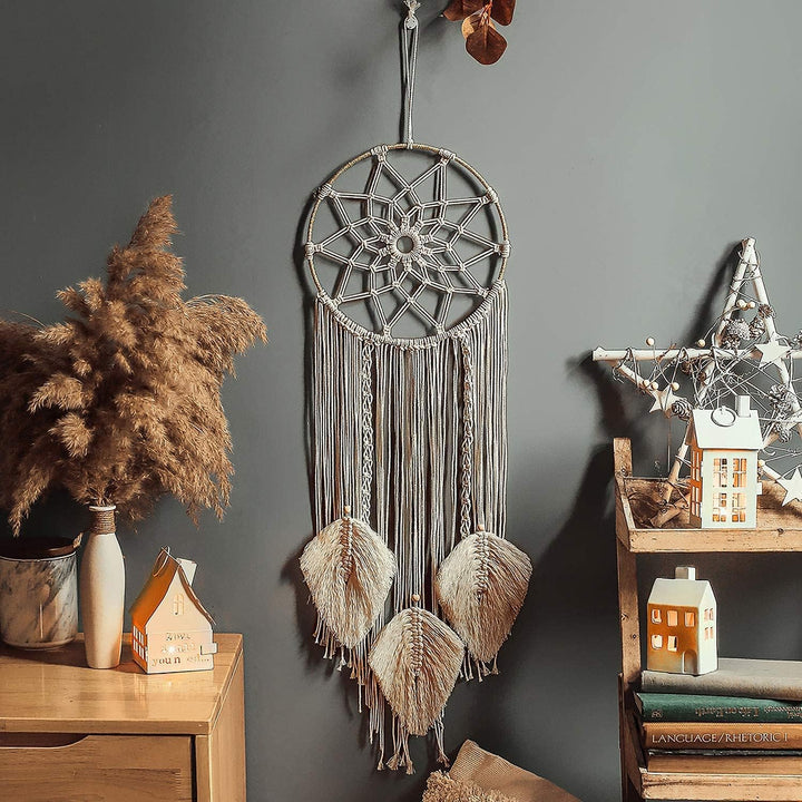 KAAHIRA Boho Wall Decor Art Macrame Dream Catcher with Leafs for Gifting - Unique & Sustainable (Off-White)