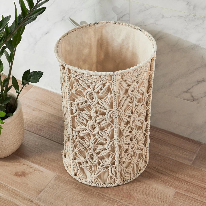 KAAHIRA Boho Decor Macrame Decorative Storage & Laundry Basket with Cotton Lining - Off White