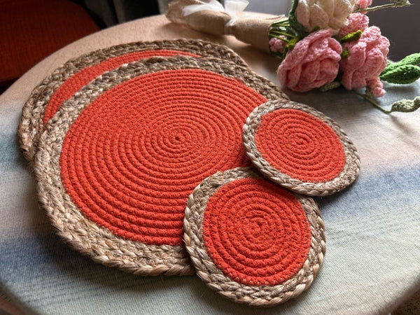 12 Piece Set of Farmhouse Woven Jute Laced Placemats, Coasters & Basket Set | Chic Dining Essentials