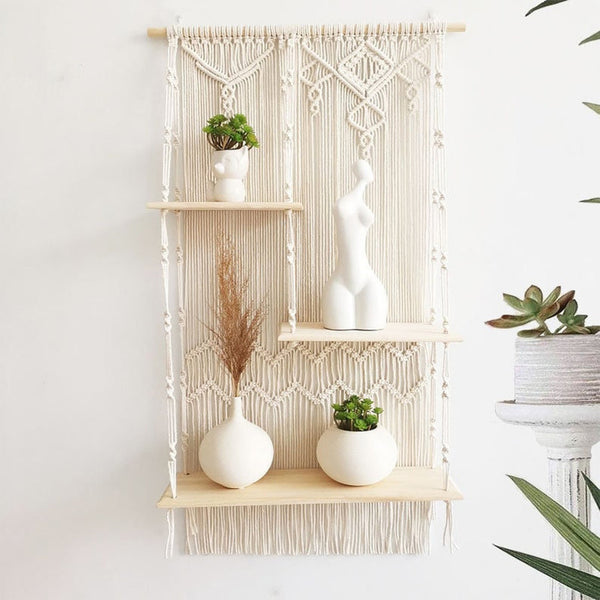 Trenly Handmade Macrame Wall Hanging Shelf - Boho Multi-Tier Decor