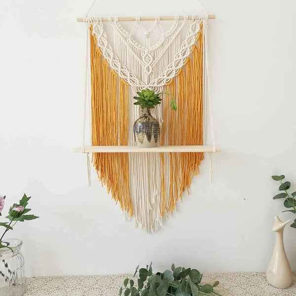 Handcrafted Boho Macrame Wall Shelf | Trenly White & Yellow