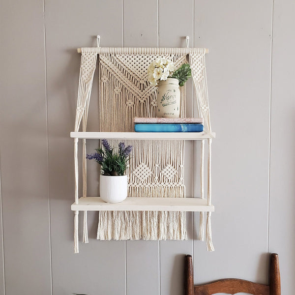 Handmade Macrame Wall Shelf Planter - Boho Cotton Wood Decor