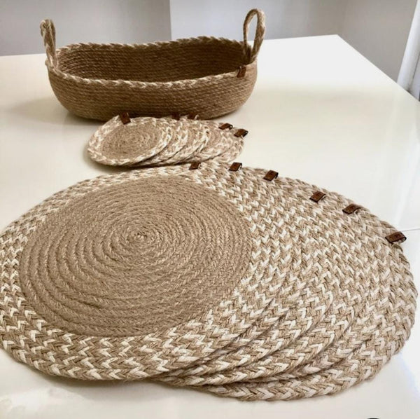 13 Piece Set of Farmhouse Woven Placemats, Coasters & Basket Set | Chic Dining Essentials