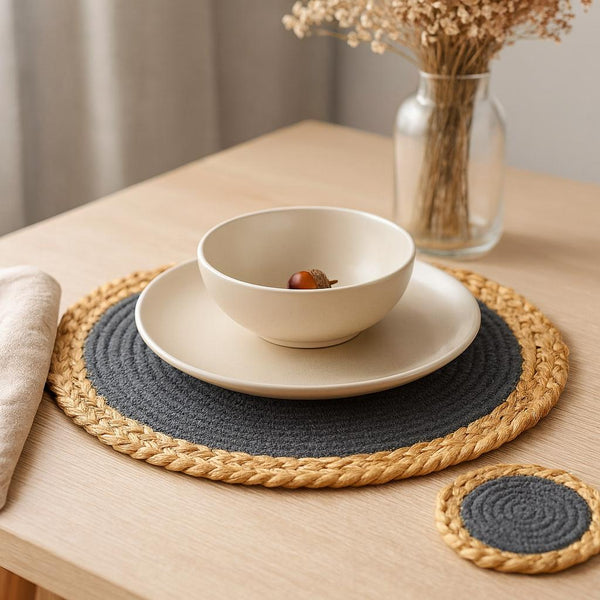 12 Piece Set of Farmhouse Woven Jute Laced Placemats, Coasters & Basket Set | Chic Dining Essentials