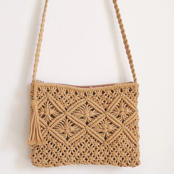 Boho Handmade Macrame Cotton Sling Bag – Artisanal Elegance - Beige