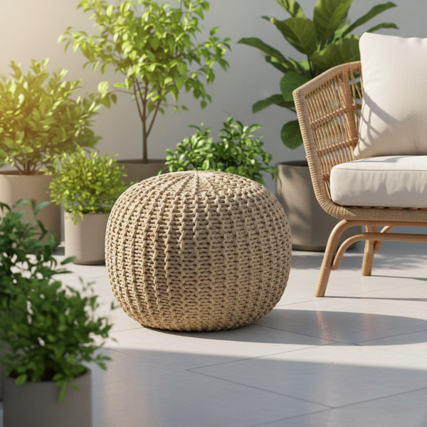 Hand-Knitted Cotton Pouf – Round Ottoman Bean Filled Stool for Living Room & Bedroom Decor