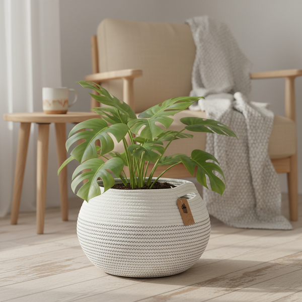 EcoBloom Woven Large Basket/Planter/Organizer – Natural Jute & Cotton Floral Pot Bag for Versatile Home & Office Decor (White/Black)