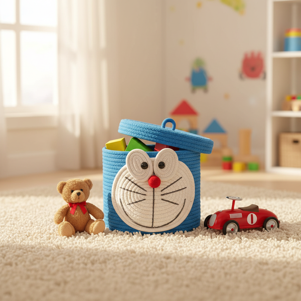 Doraemon Cotton Rope Storage Basket – Eco-Friendly Natural Fibre Toy Organizer for Kids