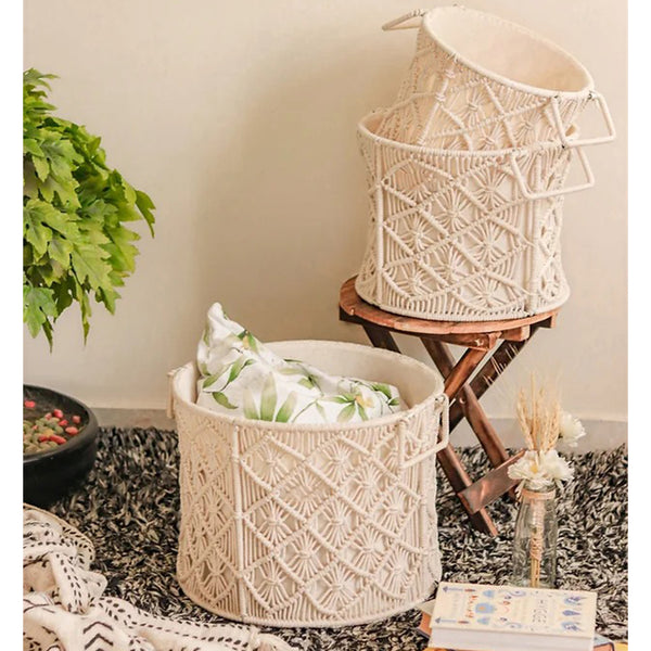 Trenly Premium Macrame Boho Storage & Laundry Baskets – Set of 3 Round Handcrafted Organizers with Handles (Off-White)