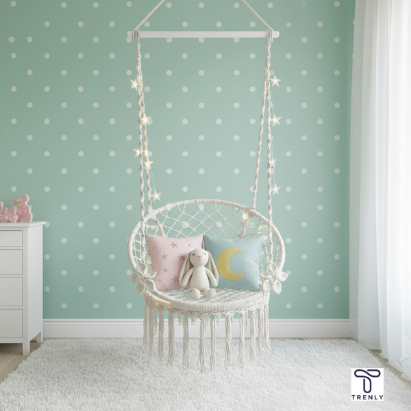 Elegant Off-White Cotton Macramé Swing Chair with Flower Handles | Spacious, Rust-Free Hanging Jhula for Adults & Kids | Indoor & Outdoor Use