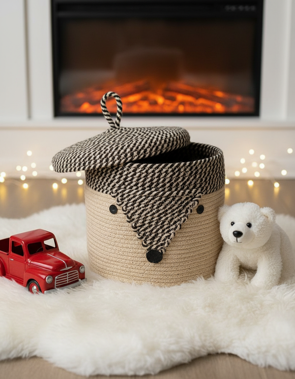 Fuzzy Fox Cotton Rope Storage Basket – Natural Fibre Toy Organizer for Kids
