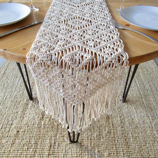 Handmade Macrame Cotton Table Runner with Triangle Edge – Off-White Boho Decorative Dining & Coffee Table Runner