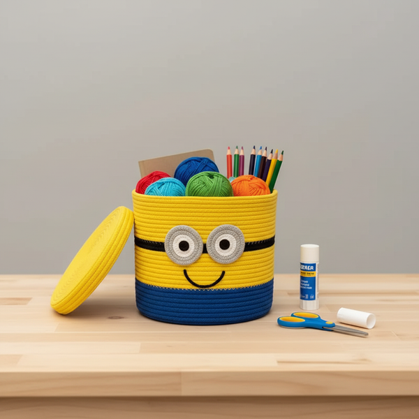 Handwoven Minion Cotton Rope Basket – Eco-Friendly Kids Toy Storage Bin