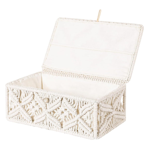 Trenly Hand-Knotted Macrame Off-White Storage Box with Lid