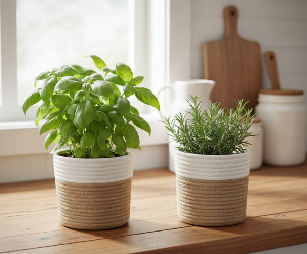 EcoBloom Woven Basket/Organizer/Planter Multipurpose Set of 2 – Natural Jute & Cotton Floral Pot Bag for Versatile Home & Office Decor (White/Beige)