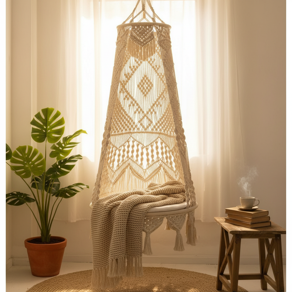 Trenly Handcrafted Macrame Balcony Swing for Adults & Kids – Off White | Organic Cotton | Indoor & Outdoor Hammock Chair